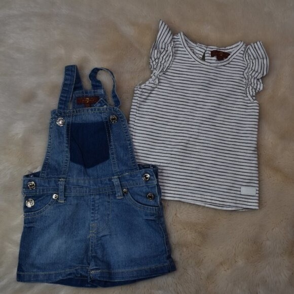 7 For All Mankind Girls Denim Overall Shorts Striped T-Shirt Set Size 12 Months - Picture 3 of 9